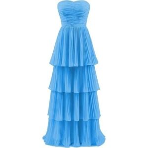 Strapless Tiered‎ Pleated Dress Women's 8 Electric Blue Gown Formal Bridesmaid
